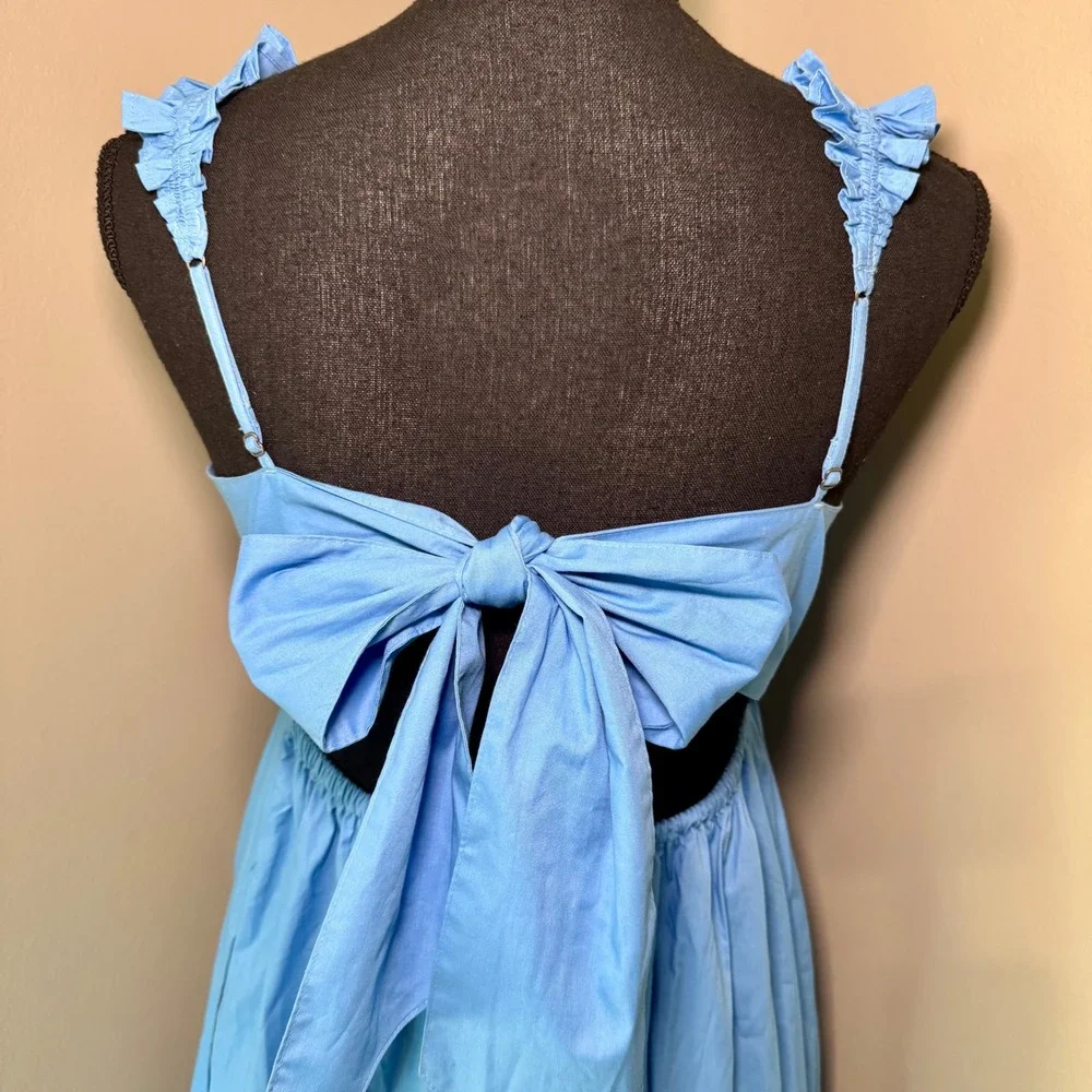 Abercrombie & Fitch Blue Ruffle Strap Tie Back Pleated Tiered Maxi Dress Small